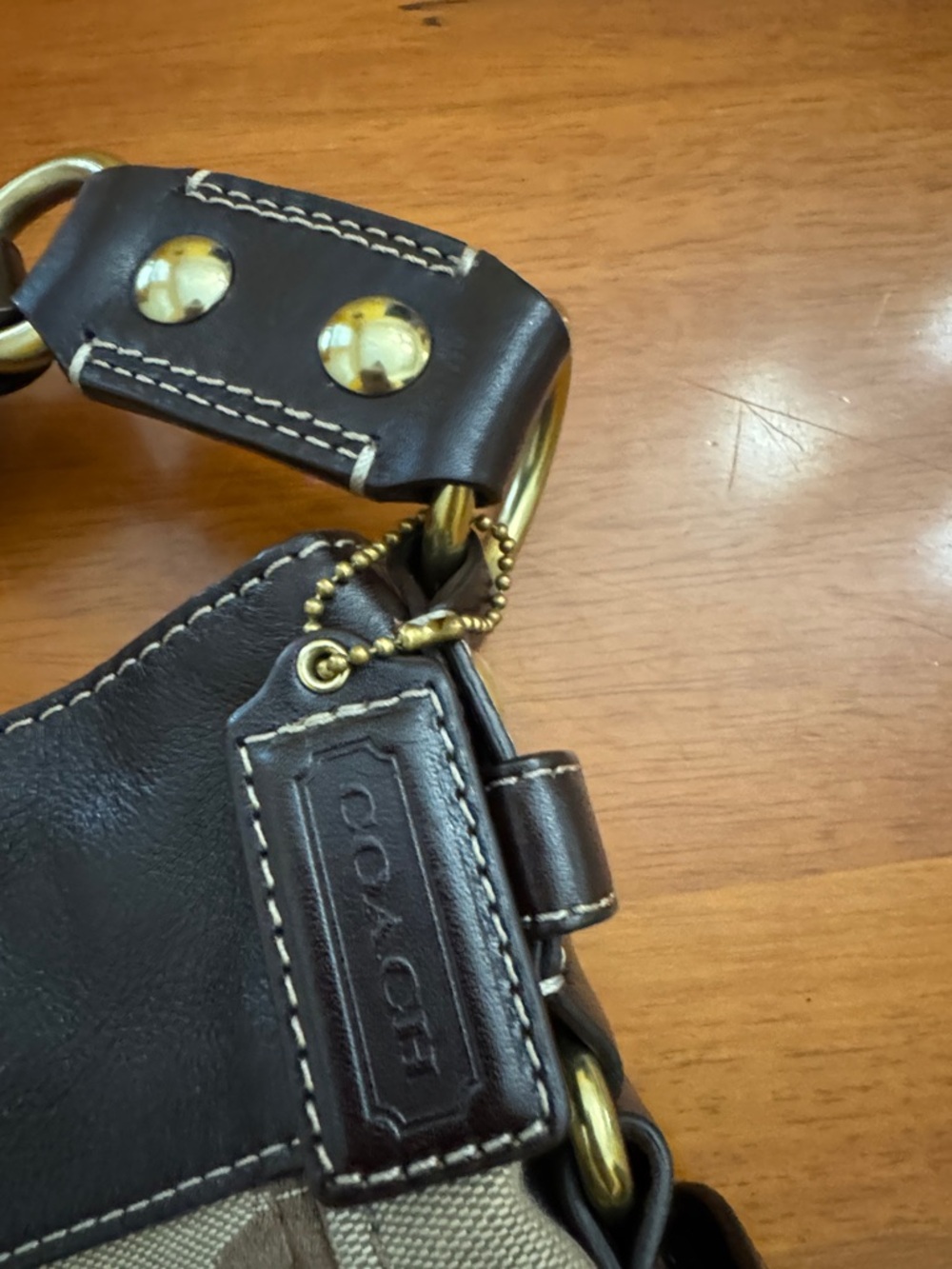Coach Canvas Shoulder Bag in Beige & Dark Brown 13 in wide & 10 in long. - Picture 6 of 16